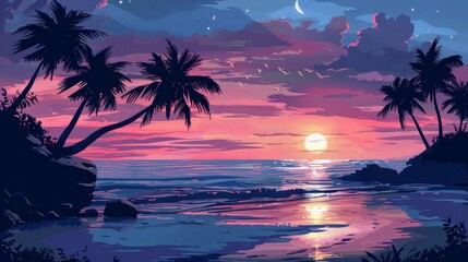 Serene beach scene at dusk with palm trees silhouetted