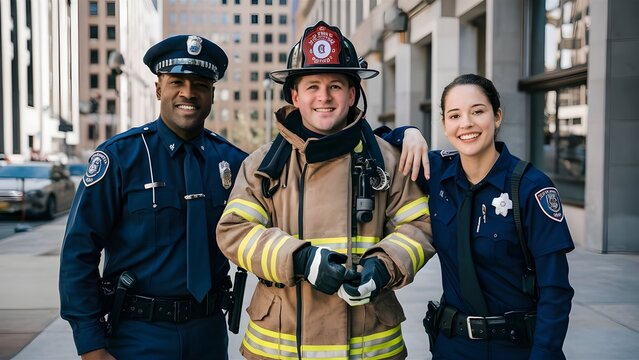 a police officer, a firefighter, and a female paramedic. They look happy and relaxed because they have completed their work, public safety agents