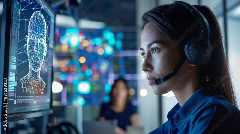 Poster Woman working in a control room with facial recognition software displayed on her monitor. Represents surveillance and cyber security operations.