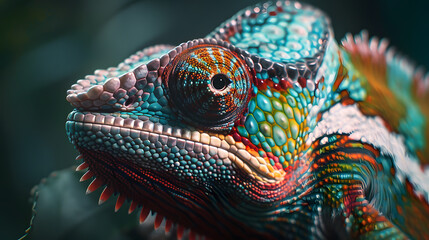 Obraz premium A colorful chameleon with a blue head and green and white body