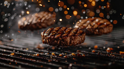 grilled steak meat flying on dark blur background  grilled meat collection, ultra realistic, icon,  angle view food photo, burger composition for menu, cafe, restaurant. card 