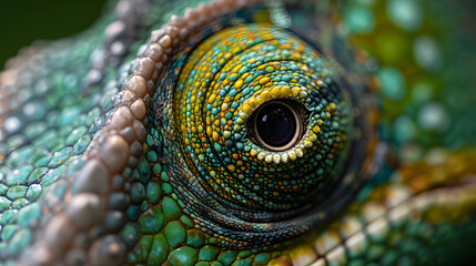 A close up of a lizard's eye with a green and brown pattern