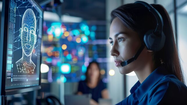 Woman working in a control room with facial recognition software displayed on her monitor. Represents surveillance and cyber security operations.