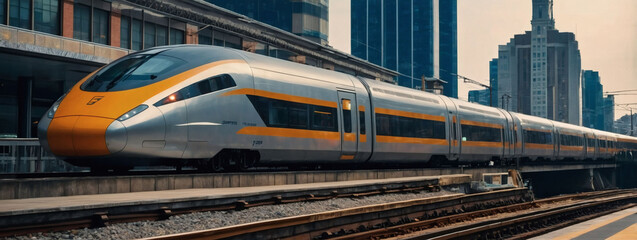 Streamlined express train at a platform with a bustling metropolis as the backdrop, high-quality photo, colorful and well-lit scene.