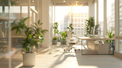 Fototapeta premium A spacious, modern office filled with natural light, featuring large windows, several indoor plants, minimalist furniture, and a serene atmosphere.