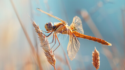 A dragonfly is perched on a stem of grass - Powered by Adobe