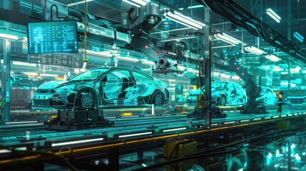 A high-tech car factory with robotic arms and holographic displays in the process of making cars, all visible through transparent glass walls, with blue digital text on a green background.