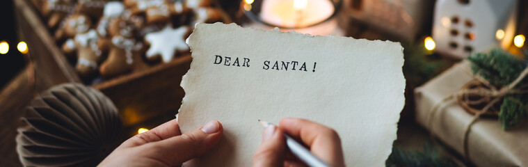 Banner. Christmas written letter with wish list with Dear Santa text. Xmas December tradition for...