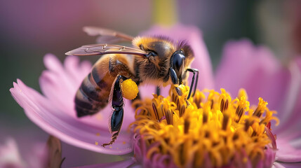 A bee is on a flower, eating the nectar