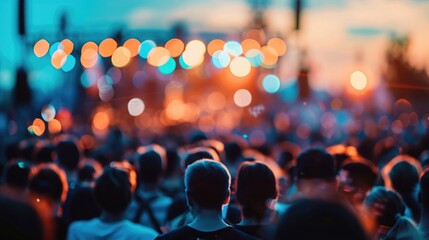 A large crowd of people attended an outdoor concert at evening time with a blurred background and...