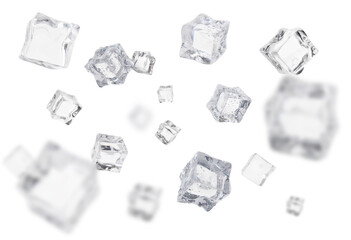 Many ice cubes in air on white background