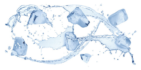 Ice cubes and splashing water in air on white background