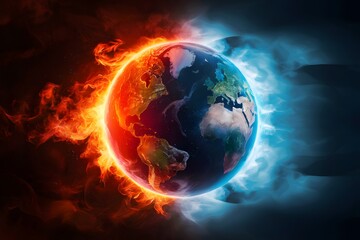 Fototapeta premium Earth split between fire and ice, warmth and cold, destruction and preservation