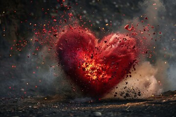 Creative representation of a red heart exploding with vibrant particles and smoke