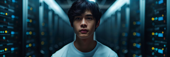 young asian man posing for a photo inside html servers