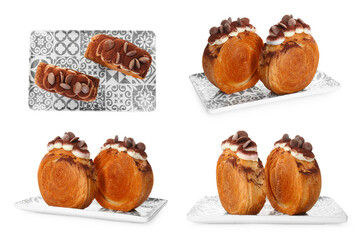 Collection of round croissants isolated on white, top and side views. Puff pastry
