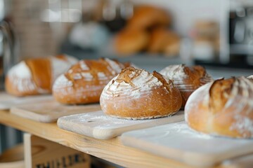 Freshly baked sourdough bread on a shelf 