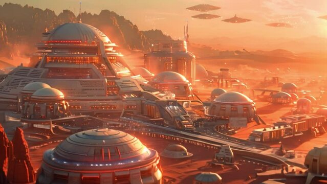 This futuristic city nestled among towering mountains, surrounded by distant planets in an extraterrestrial landscape.