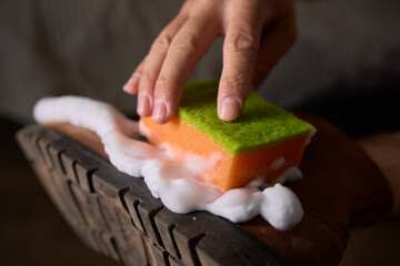 Leather Boot Cleaning with Foam, part of shoe maintenance and caring for leather products