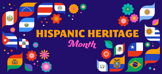 National hispanic heritage month celebration. Background, banner and card with national flags and flowers. Colorful concept design floral pattern