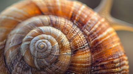 The shell of a snail is shown in close up, with its spiral shape and brown