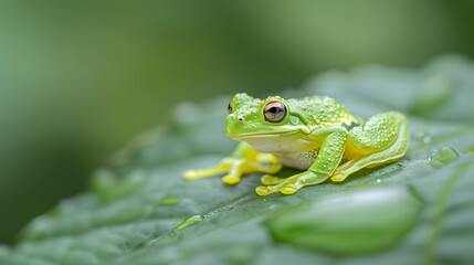 Obraz premium A frog is sitting on a leaf, looking at the camera