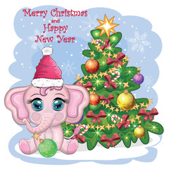 Cute cartoon elephant, childish character in santa hat with gift, christmas ball or candy cane near christmas tree. New Year
