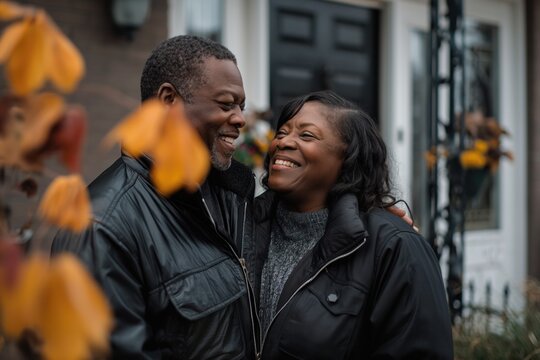 Black laughing couple talking and flirting together outdoors
