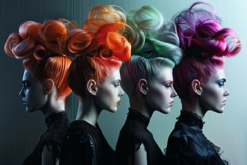 Profile view of four models with bold, vibrant hair color and avantgarde styling