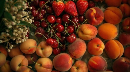   A heap of peaches, strawberries, and other fruits in the background