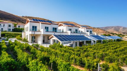 Eco-friendly homes with solar roofs nestled among vineyards in a Californian hillside community.