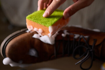 Leather Boot Cleaning with Foam, part of shoe maintenance and caring for leather products