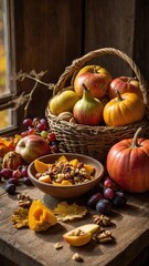 Rustic autumnal still life takes center stage, showcasing bountiful harvest. Wicker basket overflows with ripe pumpkins, apples, resting on wooden surface. In foreground.