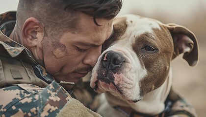 An emotional reunion between an American Bulldog and its military owner returning home, capturing the joy and loyalty of the dog