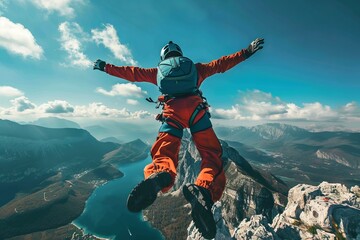 Adventurer in a wingsuit leaps from a rugged cliff into the open sky above scenic landscape