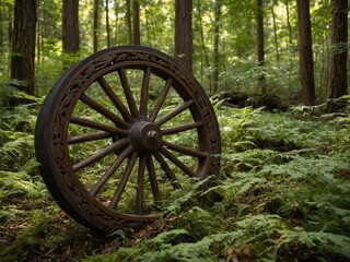 Fototapeta premium Large, intricately carved wooden wheel stands alone amidst lush forest floor covered with ferns. Greenery suggests temperate climate.