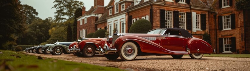 An oldfashioned mafia meeting at a countryside estate, with classic cars lined up in front, as members arrive in style for a secretive summit