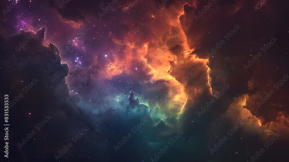Canvas Prints a colorful space scene with a rainbow of clouds and stars