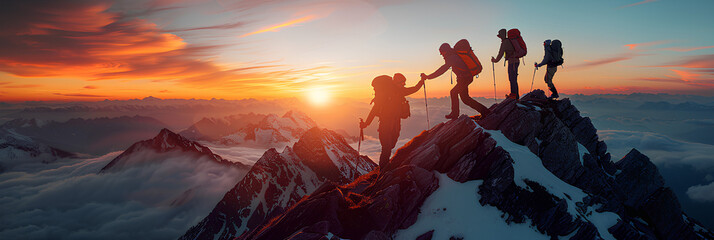 Fototapeta premium Panoramic view of team of people holding hands and helping each other reach the mountain top in spectacular mountain sunset landscape 