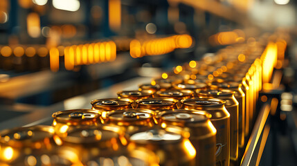 a production line with multiple golden-colored cans on a conveyor belt. The cans are in sharp detail,
