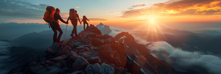 Panoramic view of team of people holding hands and helping each other reach the mountain top in spectacular mountain sunset landscape
