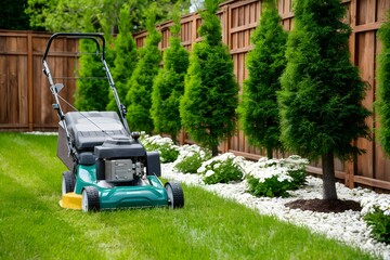 Fototapeta premium Beautiful backyard with lush grass, trees, flowers, fence, and a lawn mower ready