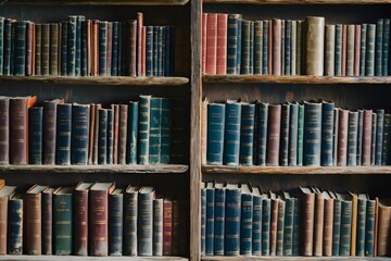 Ancient tomes on weathered bookshelf show enduring allure of literature in shadows