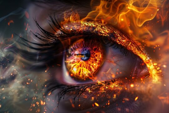 Incredible and imaginative digital illustration of a human eye surrounded by fiery flames, creating a vivid and powerful vision of intense heat and burning passion