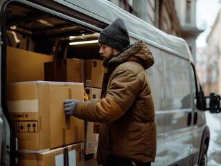 Winter delivery worker in action, wearing warm clothing and unloading packages from a van on a city street, showcasing efficient logistics and reliable service in cold weather conditions.