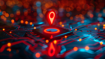 a glowing red location marker on what appears to be a digital map with illuminated pathways. The overall composition resembles a circuit board or a stylized city map at night