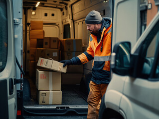 Delivery worker organizing parcels inside a van, wearing bright safety clothing and gloves, showcasing reliable shipping and logistics services in urban setting for efficient last-mile delivery.