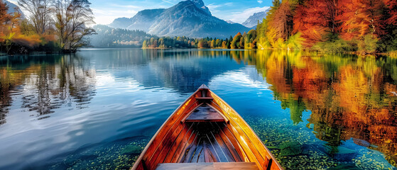 wooden boat on a large lake with trees and a beautiful view of the mountains - summer vacation concept - copy space - Powered by Adobe
