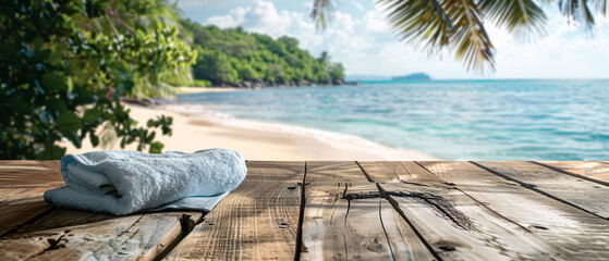 rustic wooden table with a towel on it, with a beautiful paradise beach in the background - summer vacation concept - copy space