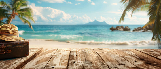 suitcase with hat on a rustic wooden table and a background of a beautiful beach - summer vacation concept - copy space